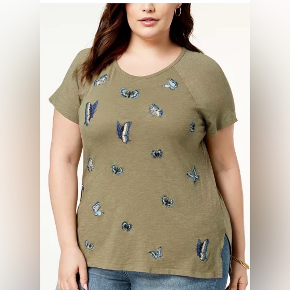 Lucky Brand Olive Green Butterfly Print Tee